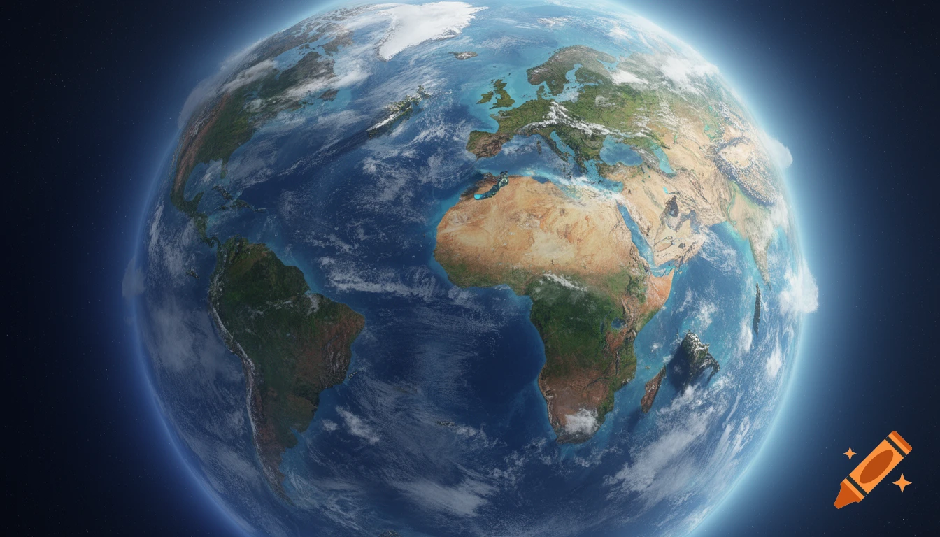 Photorealistic view of Earth from space, showing continents, oceans, and clouds.