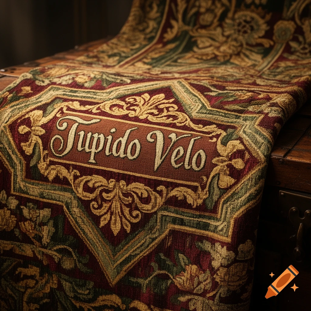 Close-up of an ornate, woven tapestry with red, green, and gold patterns, featuring the text "Tupido Velo".