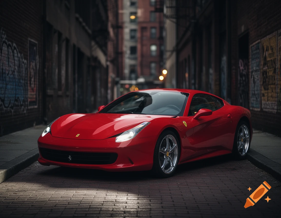 A glossy red Ferrari sports car is parked on a wet cobblestone alley street between brick buildings with graffiti, under artificial lights.
