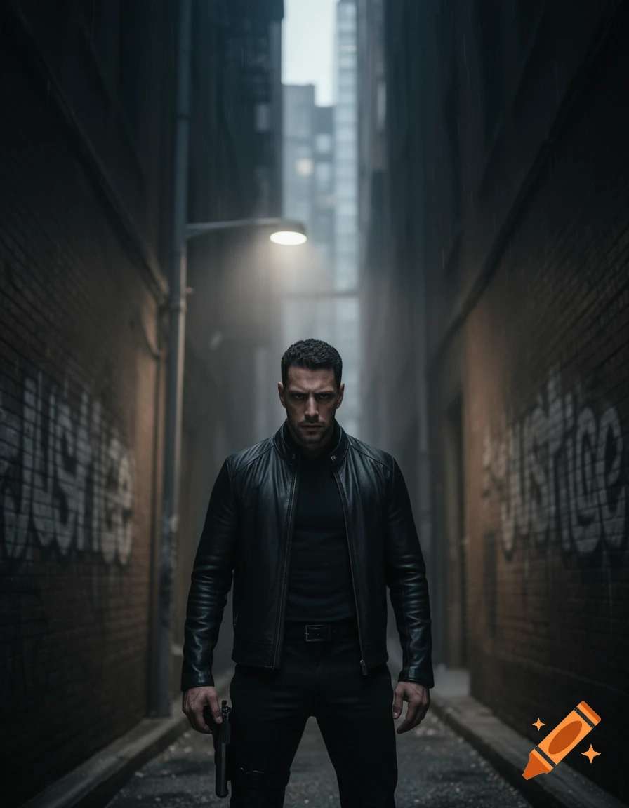 A muscular man in a black leather jacket holds a pistol, standing in a dark, rainy urban alley with graffiti. Photorealistic.