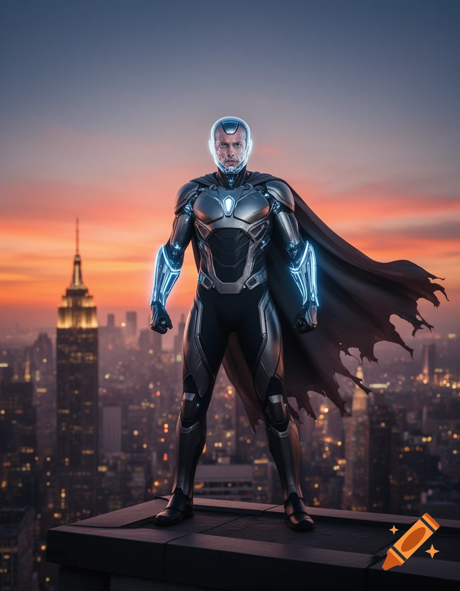 A photorealistic superhero in a dark, glowing futuristic suit and cape ...