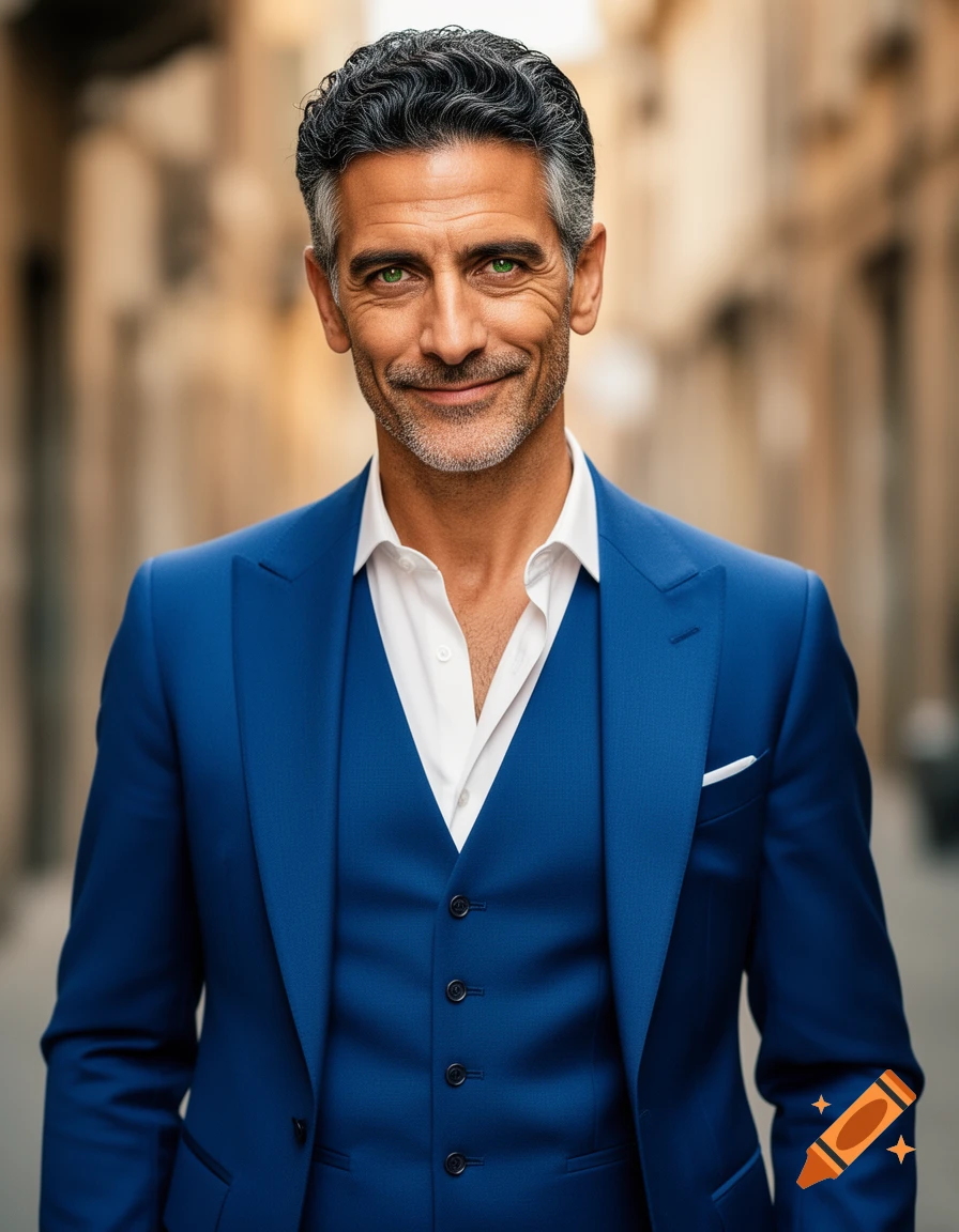 A photorealistic 45-year-old man of Italian descent with green eyes and grey hair, smiling wryly in a blue three-piece suit.