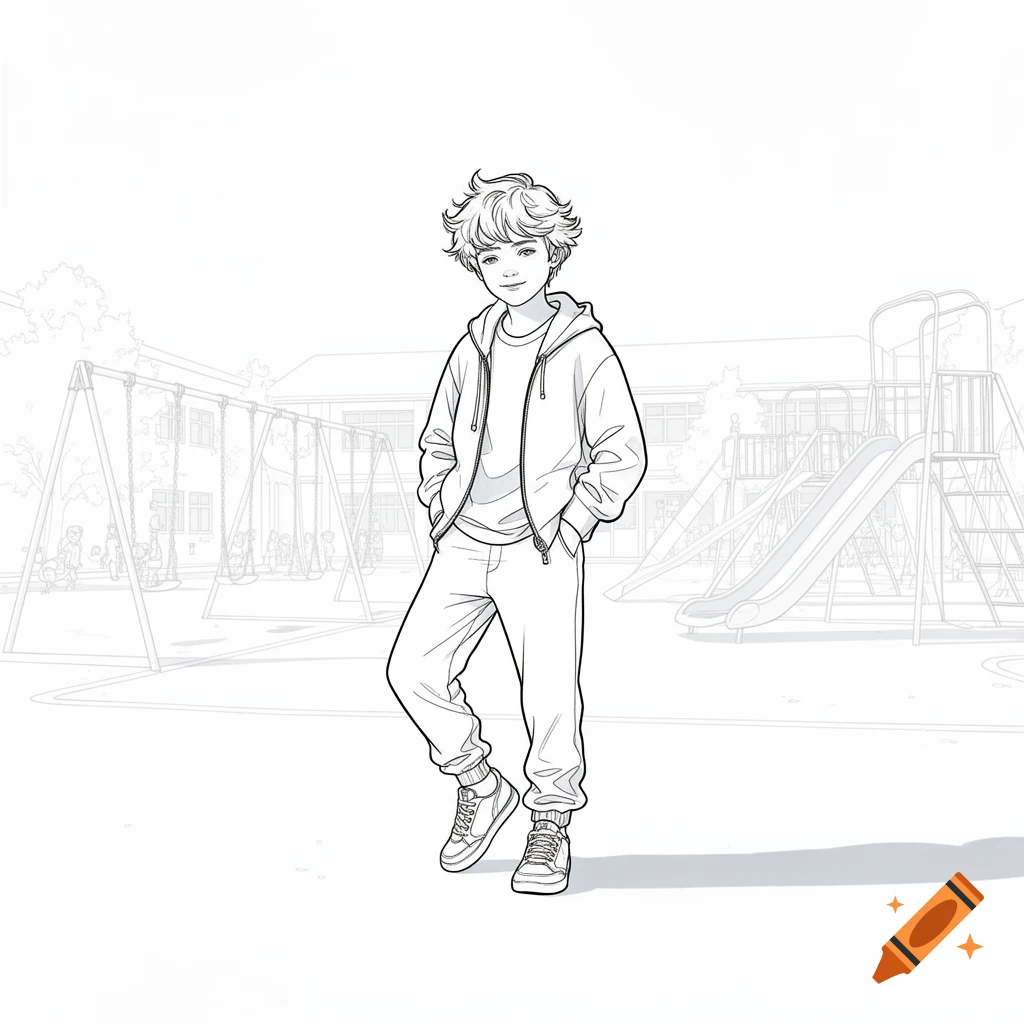 A line drawing of a young boy with curly hair standing coolly in a school playground with swings and slides in the background.