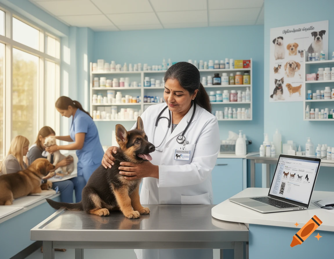 Photorealistic image of a veterinarian examining a German Shepherd puppy on an examination table in a brightly lit clinic, with other pets and people in the background.