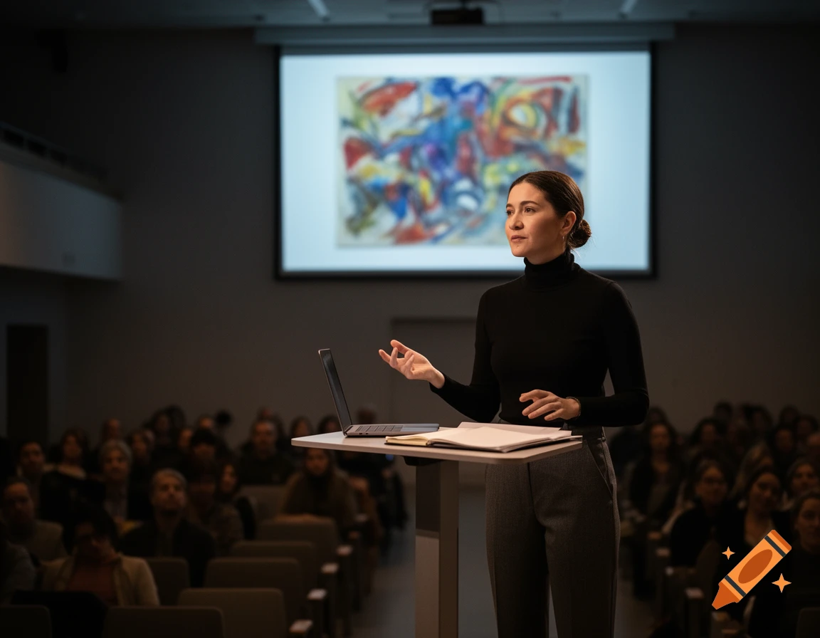 A woman in a black turtleneck gives a lecture at a lectern to an audience, with an abstract painting projected on a screen.