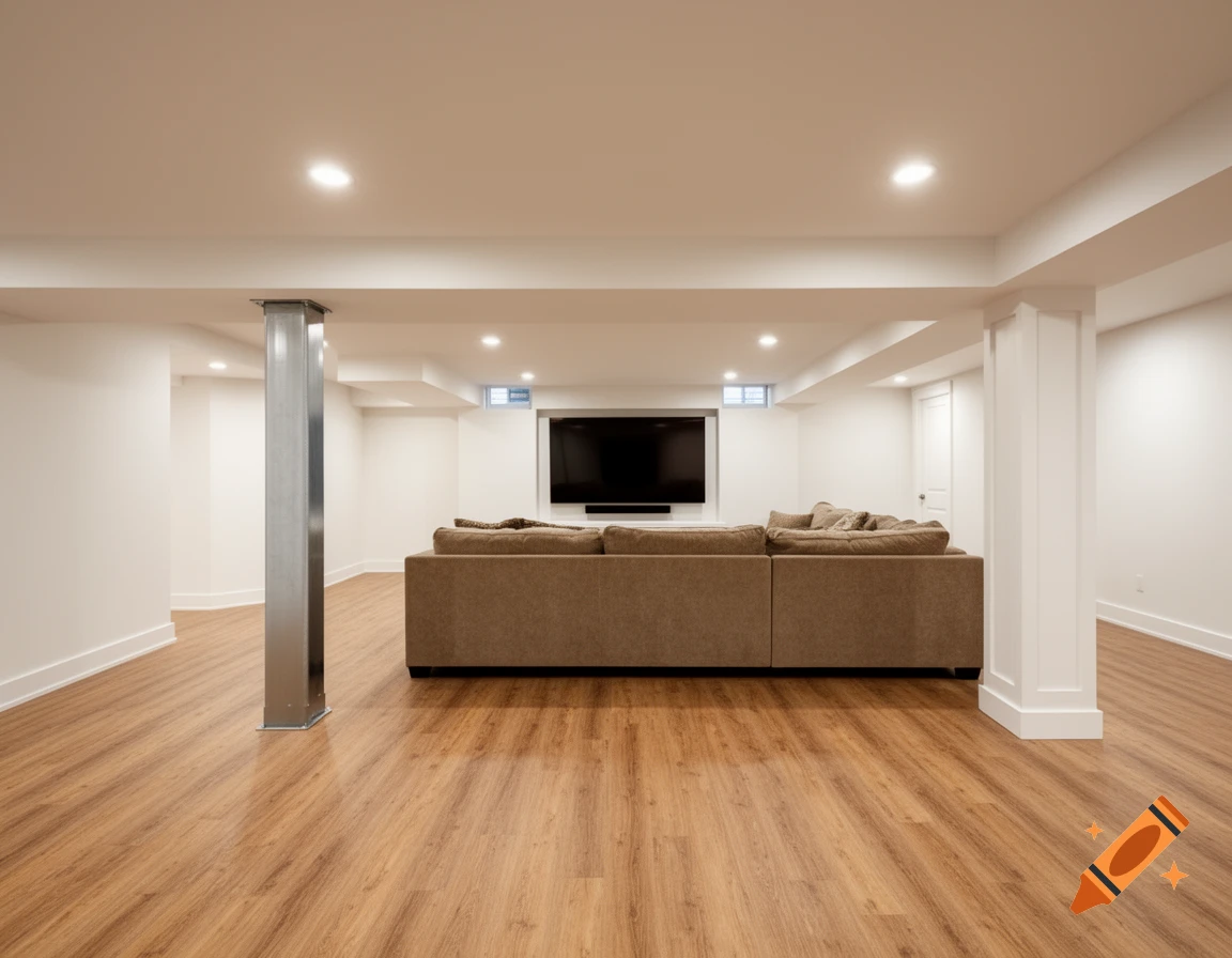 Bright, modern finished basement with a brown sectional couch, mounted TV, wood plank flooring, and white walls.