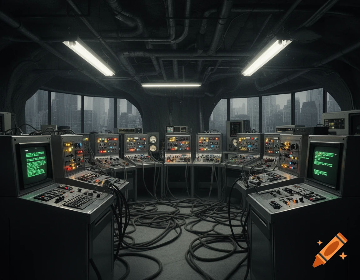 A dark, retro-futuristic control room with multiple glowing green-screen computers, surrounded by tangled cables, overlooking a city skyline.