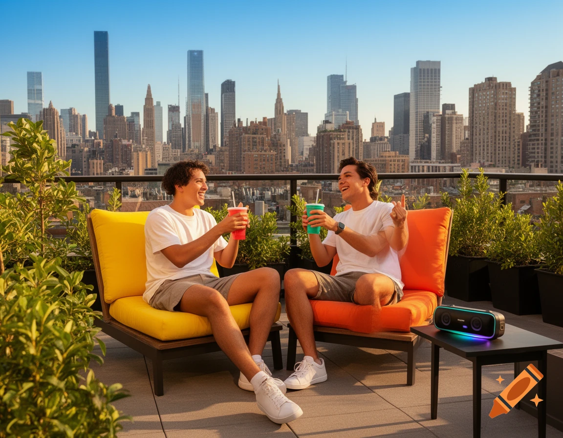 Two smiling men relax on a city rooftop with drinks, overlooking a skyline at sunset.