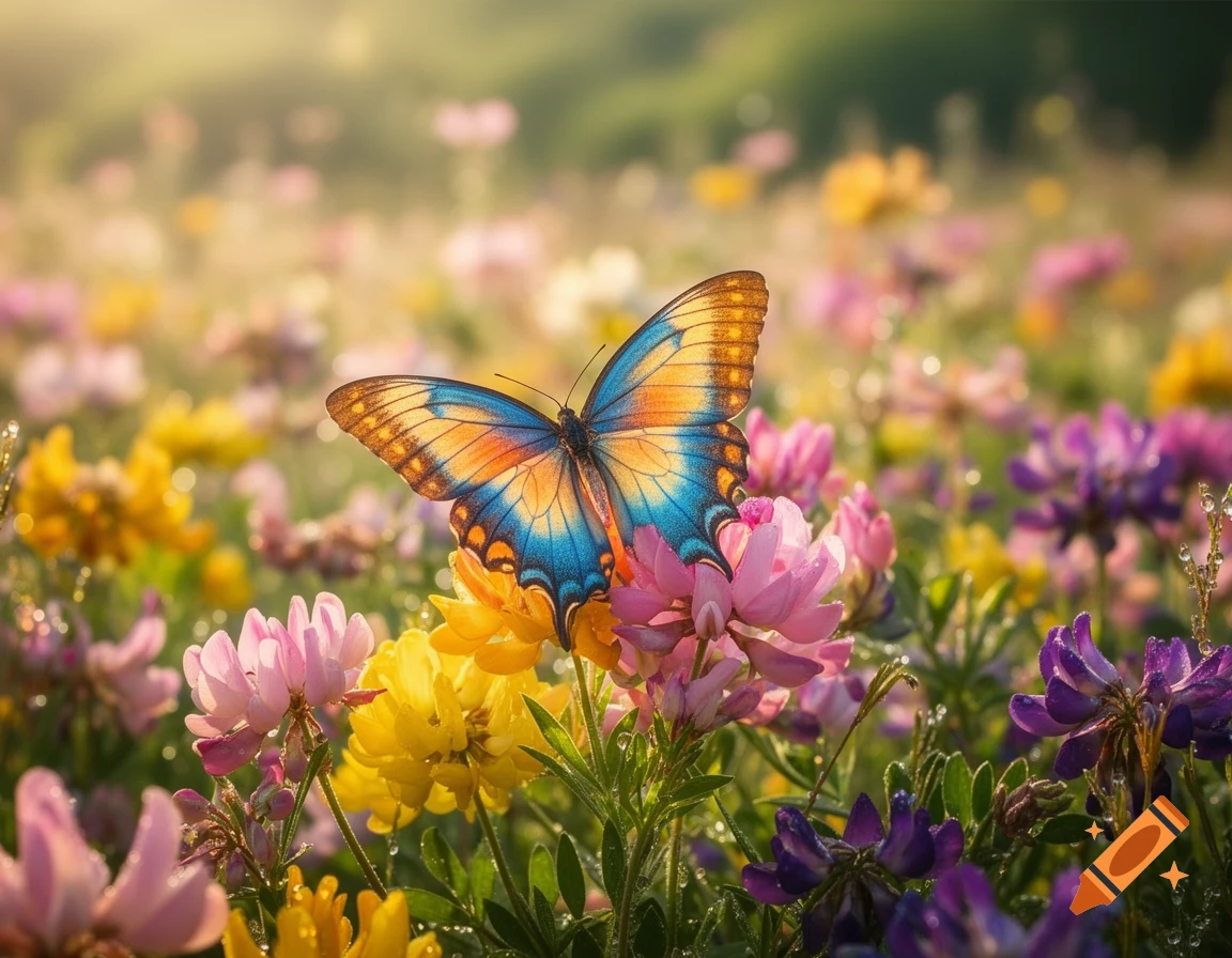 Vibrant butterfly with blue and orange wings resting on pink and yellow flowers in a sunny meadow.