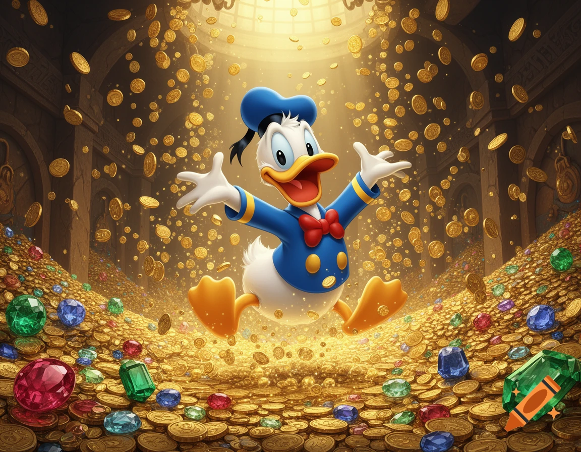 Donald Duck laughs gleefully, floating above a vast pile of gold coins and jewels in a treasure vault as more coins rain down.