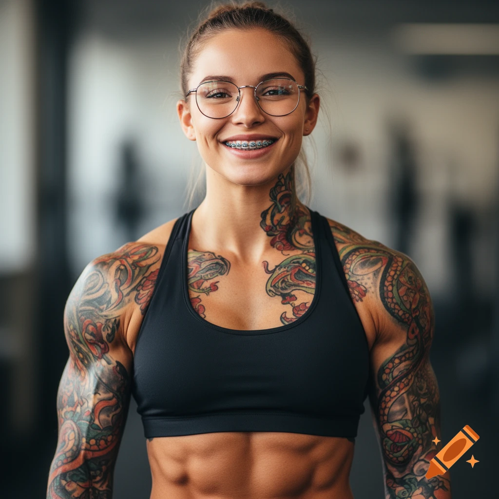 A smiling, muscular woman with full arm tattoos, glasses, and braces, wearing a black sports bra in a gym.