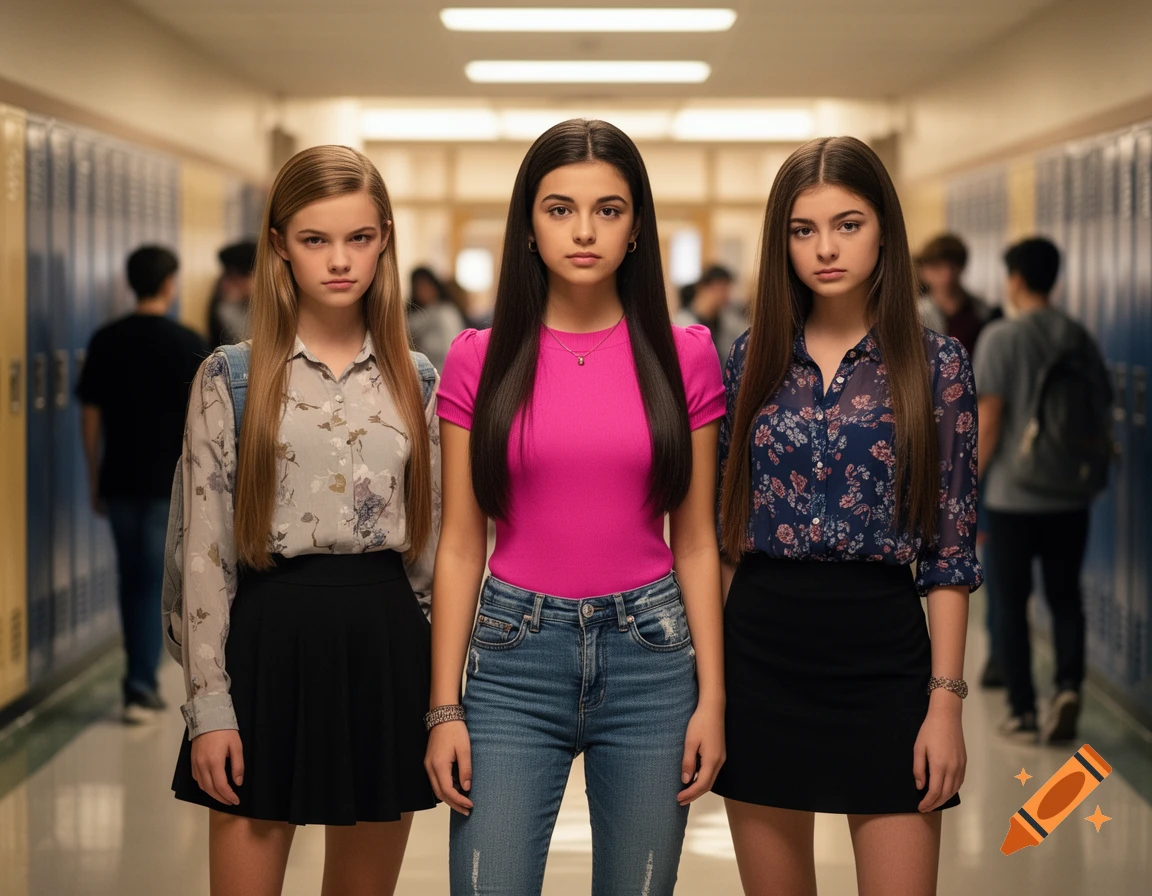 Three young women stand seriously in a school hallway, with lockers visible in the background.