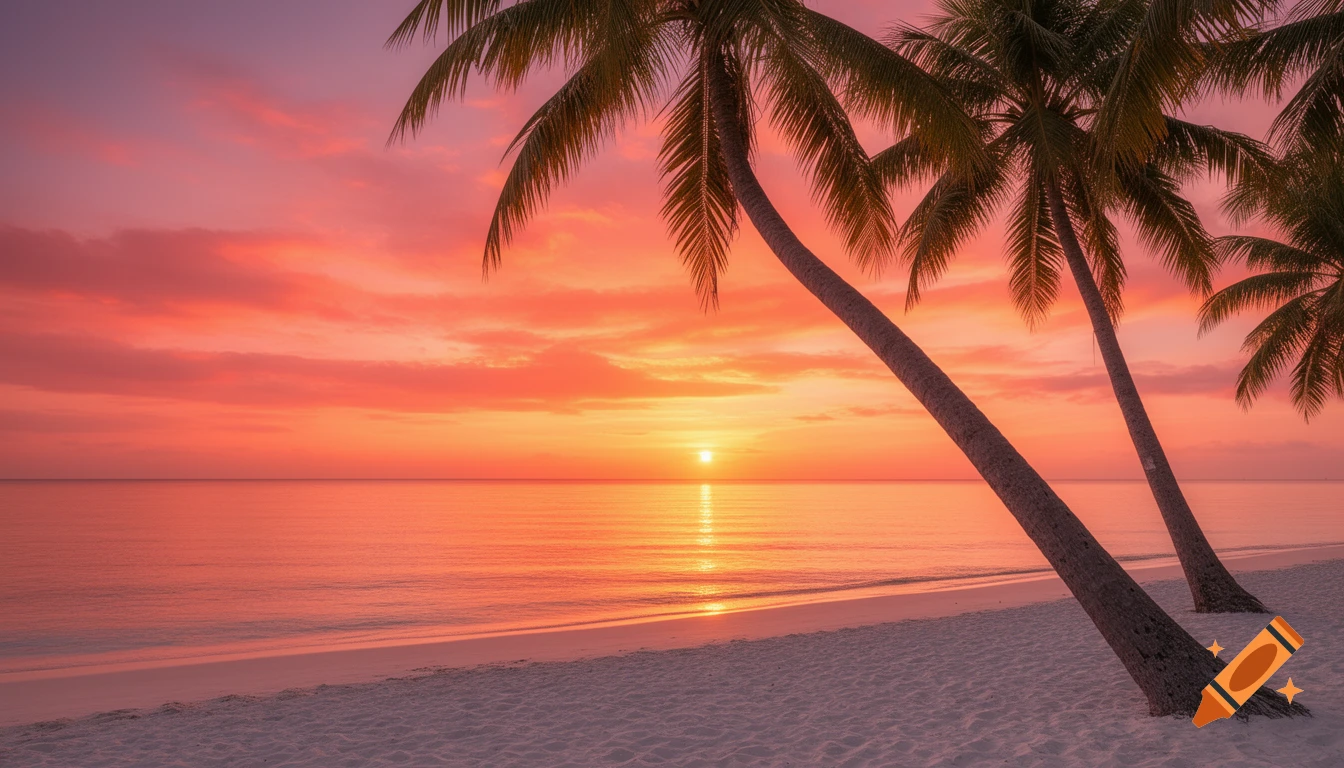 Photorealistic sunset over a tranquil tropical beach with palm trees ...