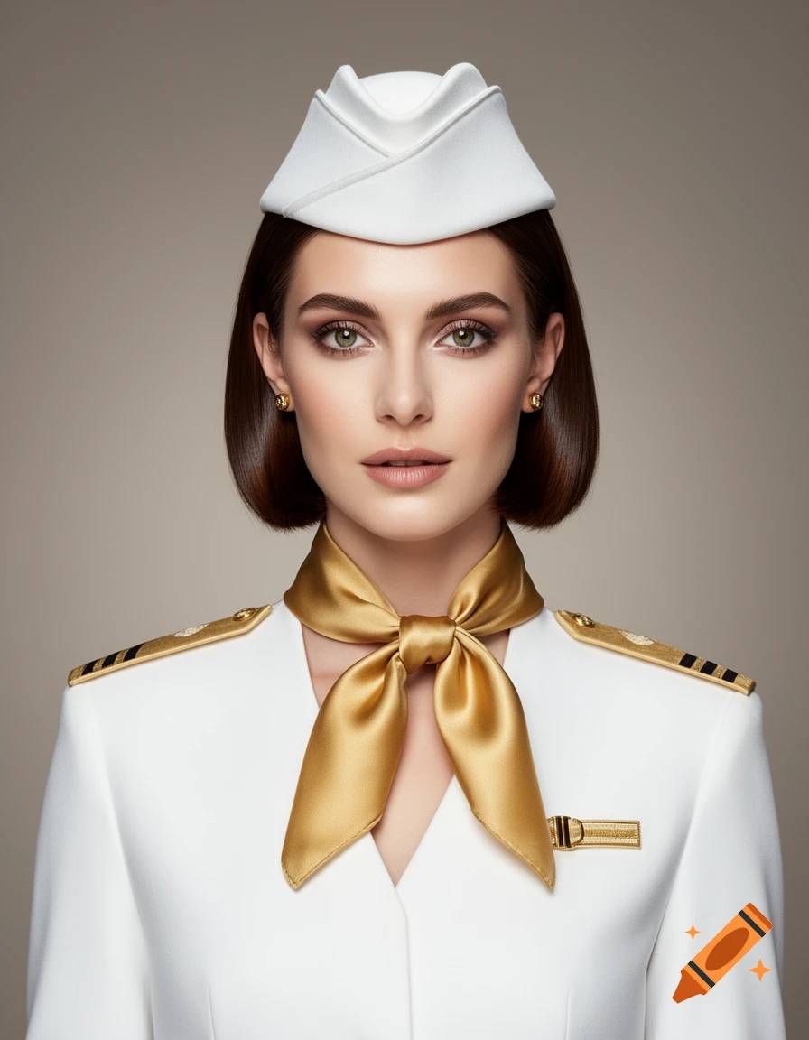 A photorealistic portrait of an attractive young woman in a white air hostess uniform with gold trim and a gold silk neck scarf, looking at the camera.