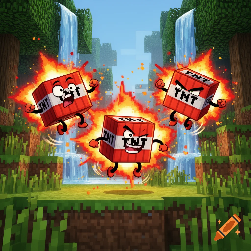 Tnt Block Exploding Three expressive, cartoon-style Minecraft TNT blocks explode amidst ...