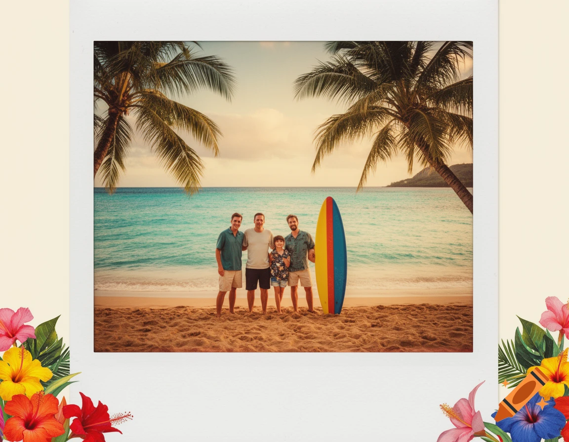 Polaroid-style photo of a family of four on a Hawaiian beach at sunset, with a surfboard, palm trees, and tropical flowers.
