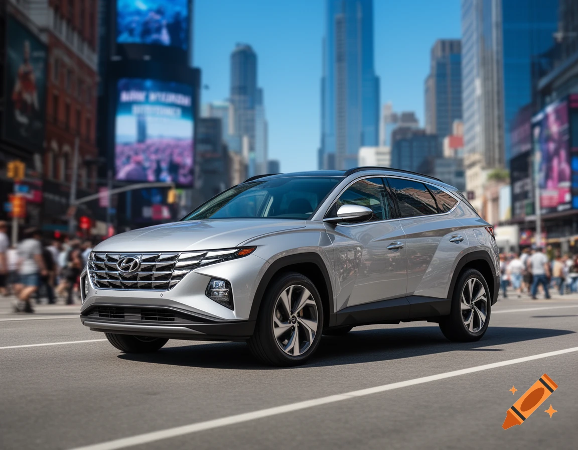 A silver Hyundai Tucson SUV is parked on a city street with tall buildings and blurry electronic billboards in the background.