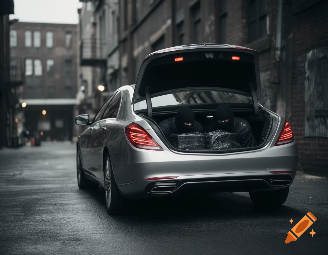 A silver car with its trunk open, revealing two figures in balaclavas and wrapped packages, in a dark, wet alley.