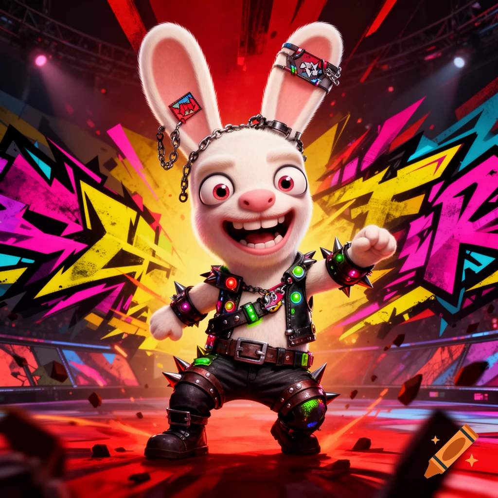 A cartoon Rabbid character in punk rock attire with chains and spikes, striking a pose on a red ground against a colorful graffiti background.