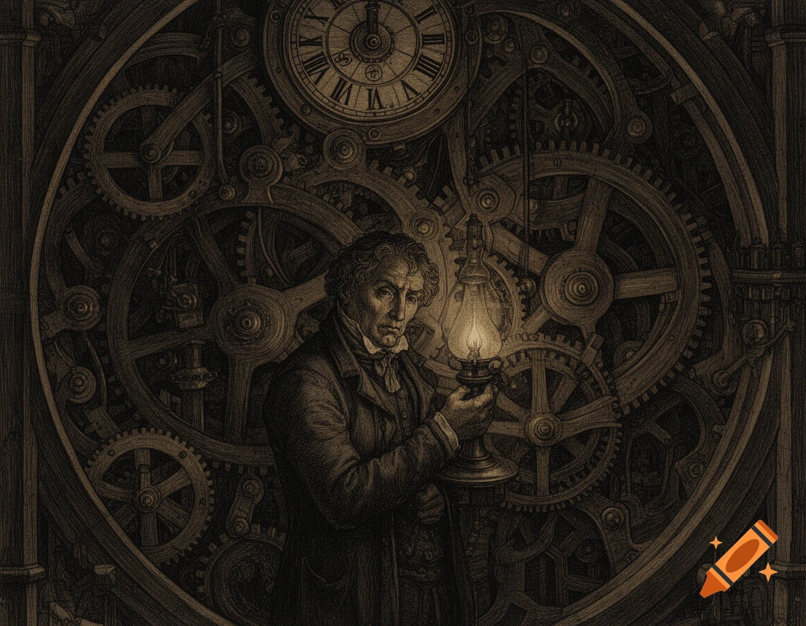 An etching-style illustration of a man holding a glowing lantern in front of a vast, intricate clock mechanism with gears and a clock face.
