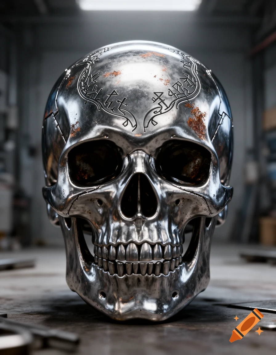 A detailed, front-facing view of a shiny, metallic skull with rust spots and decorative engravings on its forehead, set in a dimly lit industrial environment.