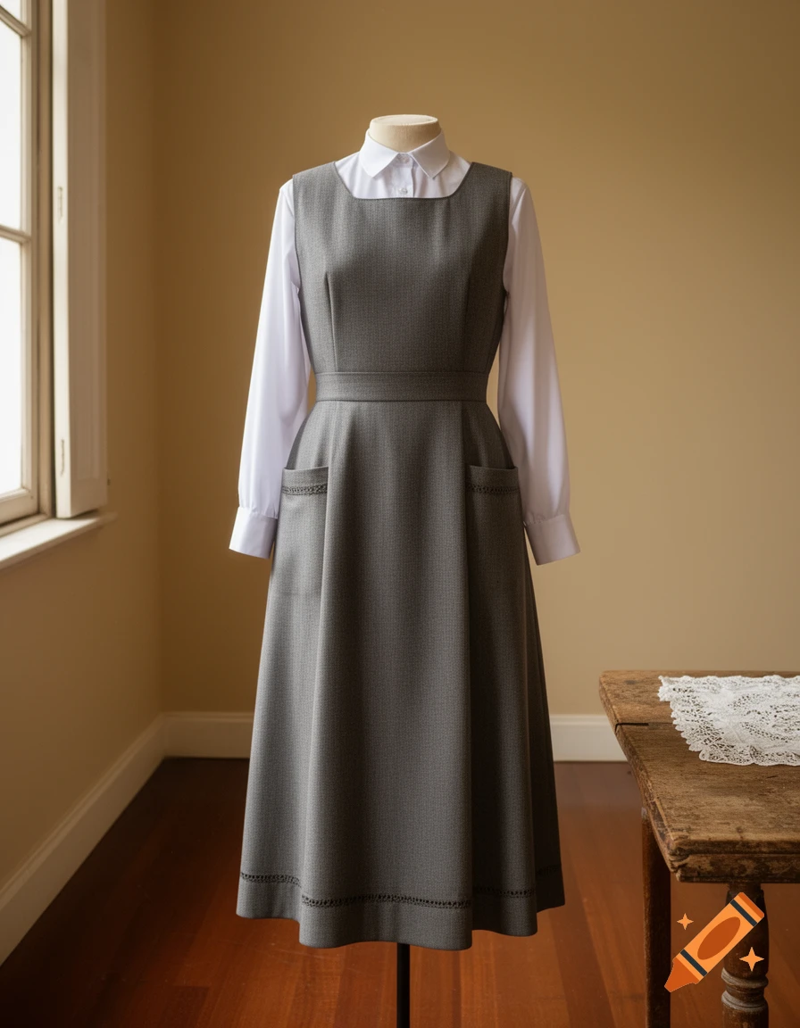 A gray pinafore dress over a white long-sleeve shirt on a mannequin, in a room with a window.