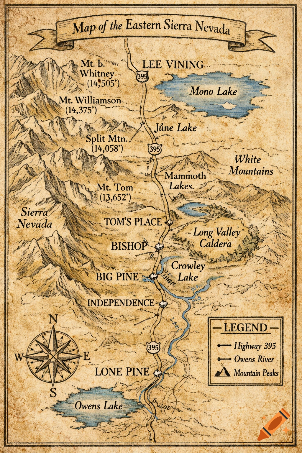 A vintage hand-drawn map of the Eastern Sierra Nevada, California, featuring mountains, lakes, towns, and Highway 395 on textured parchment.