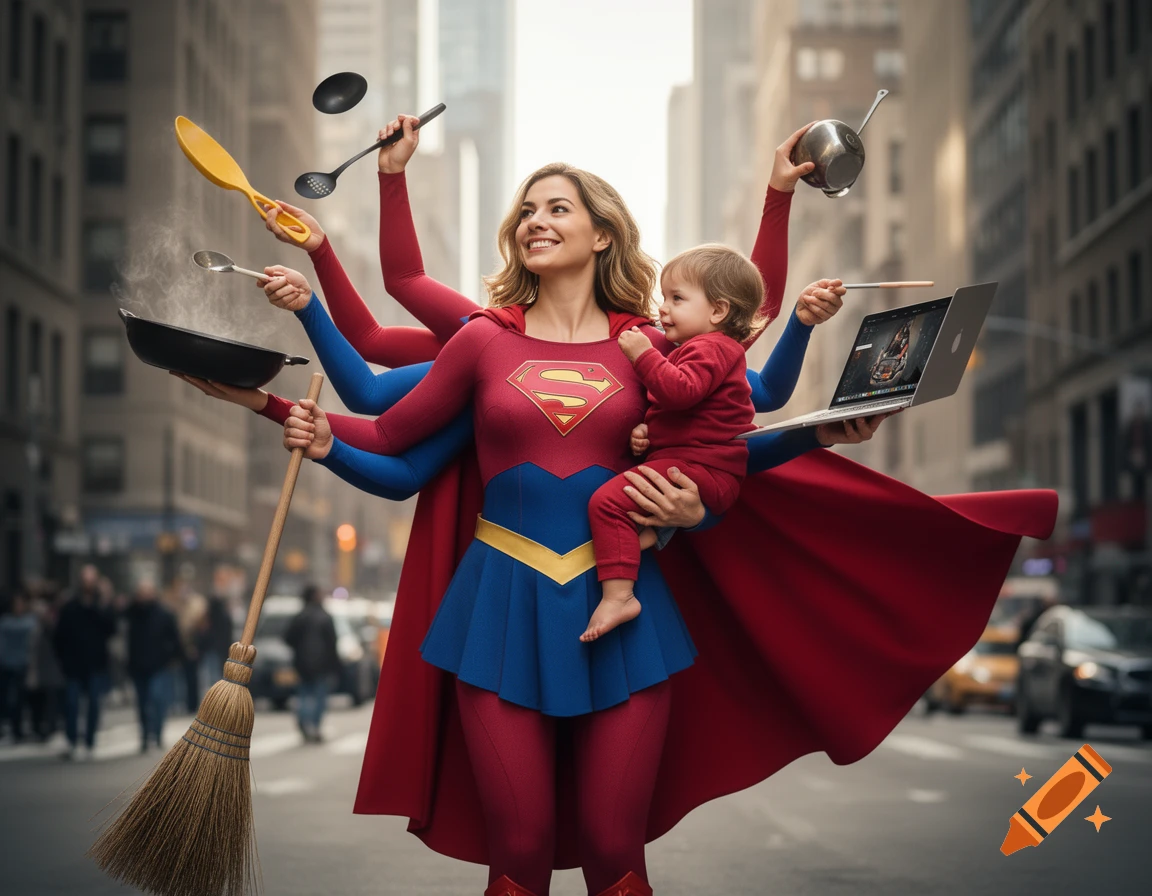 A smiling Superwoman, with multiple arms, holds a baby while juggling a broom, cooking utensils, and a laptop on a city street.