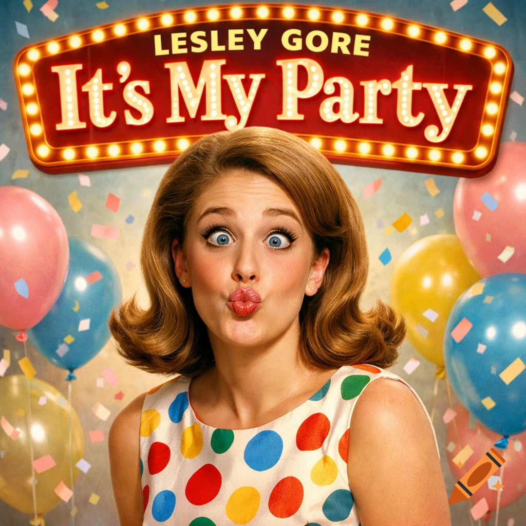 A woman with wide eyes and pursed lips, wearing a polka dot dress, stands below a sign reading 'LESLEY GORE It's My Party', surrounded by balloons and confetti.