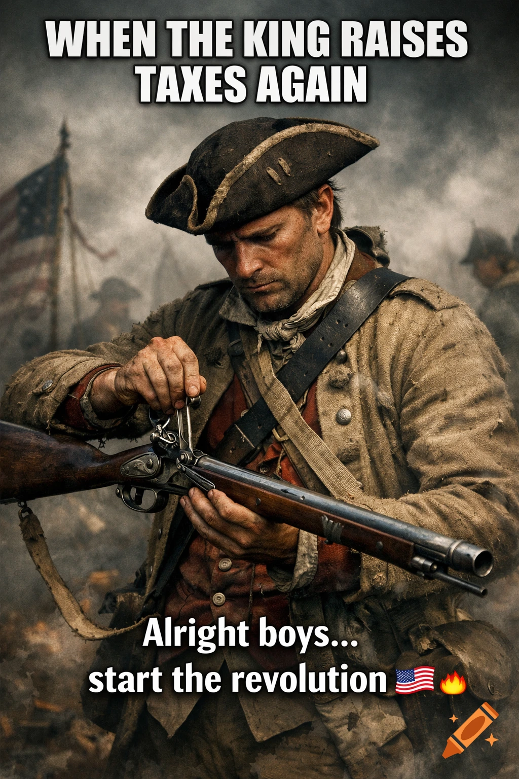 A photorealistic meme featuring a 1776 patriot soldier loading a musket with text about taxes and revolution.