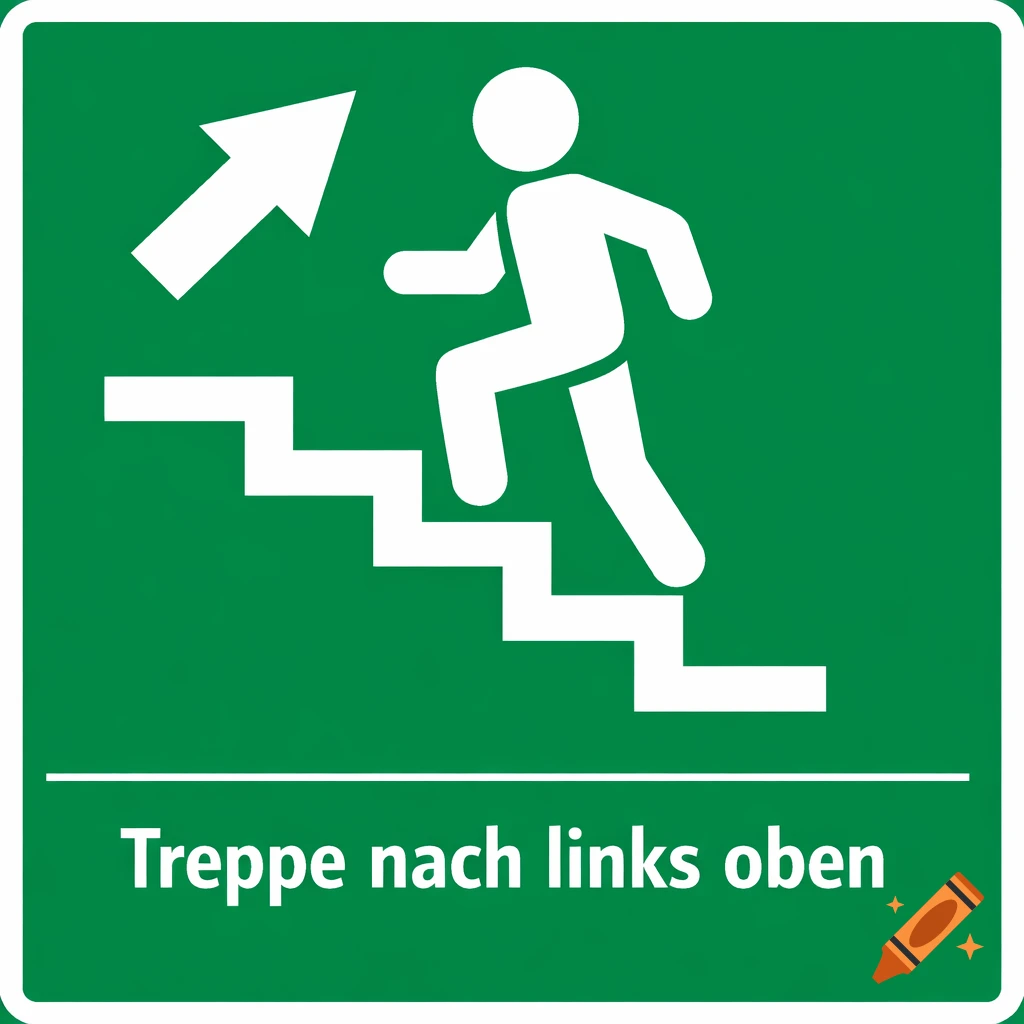 Green safety sign with white figure running up stairs, arrow pointing up-left, and text 'Treppe nach links oben'.