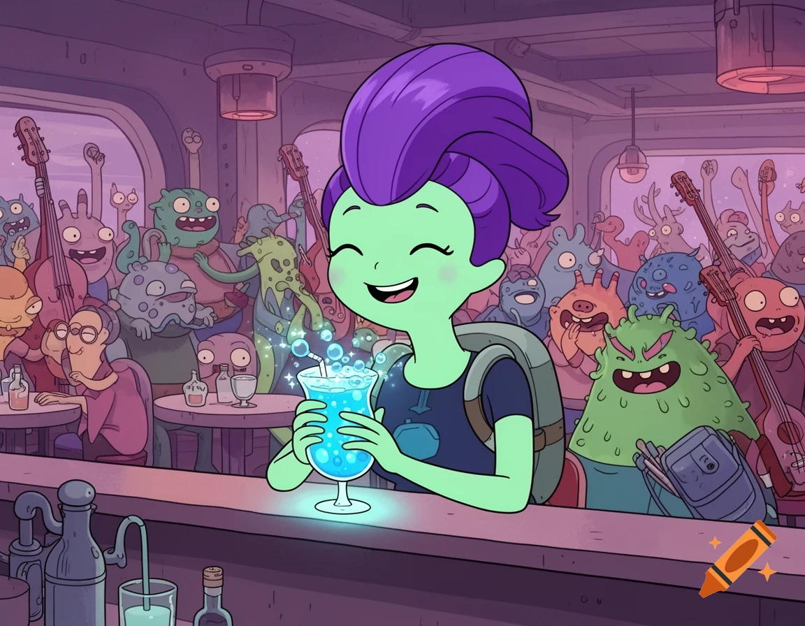 A smiling green alien with purple hair holds a glowing blue drink in a lively space cantina filled with various cartoon aliens, in an Adventure Time style.