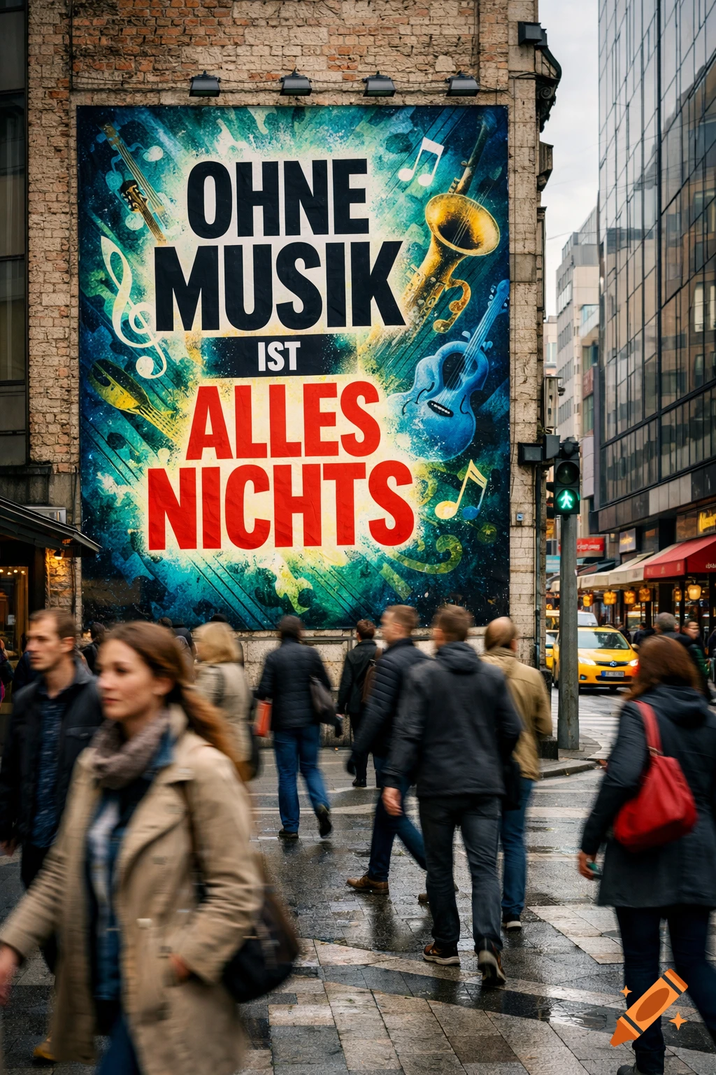 A photorealistic image of a busy city street with a large billboard on a brick wall featuring musical instruments and text that reads 'OHNE MUSIK IST ALLES NICHTS'. People walk on the wet pavement below.