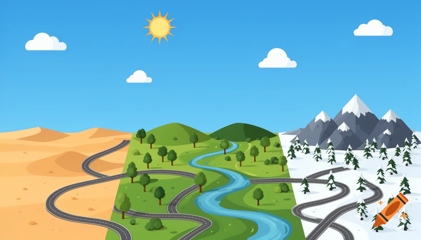 Flat-design game world map with desert, green hills, and snowy mountains, connected by winding roads under a blue sky.