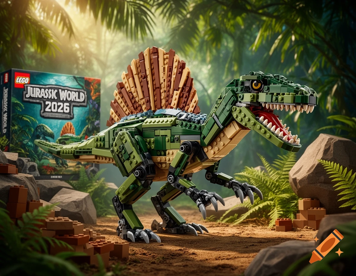 A photorealistic image of a green and brown Lego Spinosaurus standing in a jungle, with a "LEGO JURASSIC WORLD 2026" box in the background.