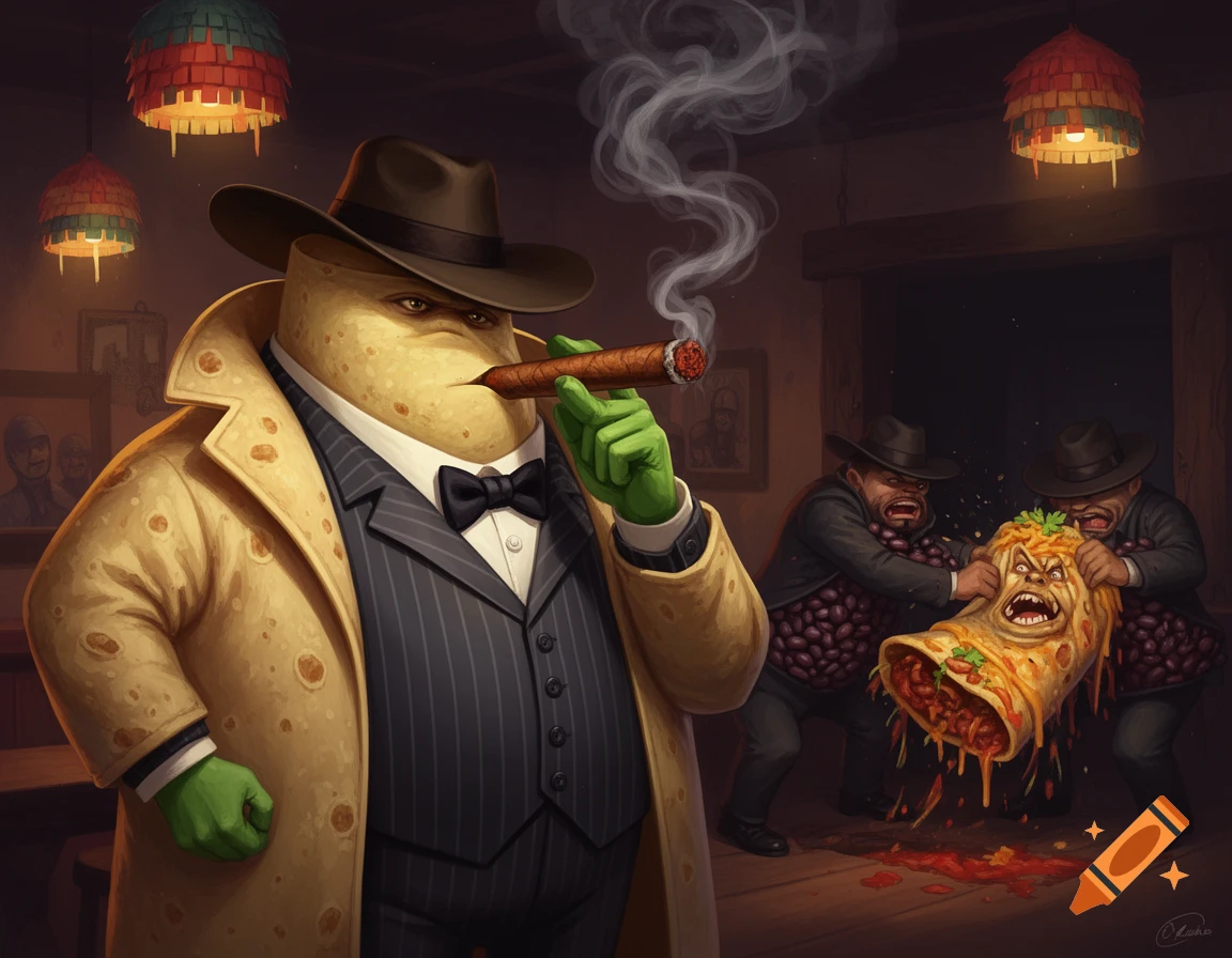 A cartoon anthropomorphic burrito mob boss smokes a cigar as his bean-men torture a rival enchilada in a dark room.