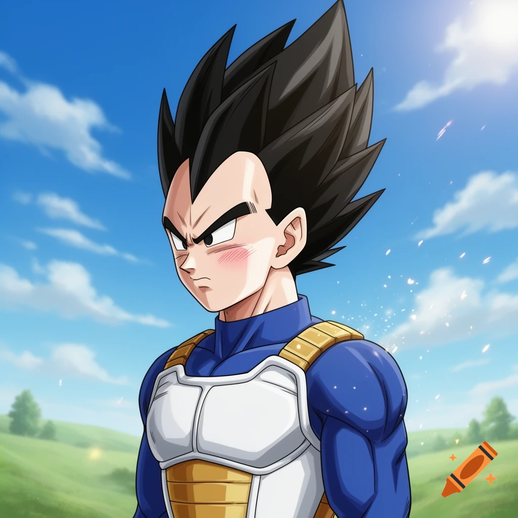 Anime character Vegeta with spiky black hair, wearing blue and white armor, blushing in a field under a blue sky.