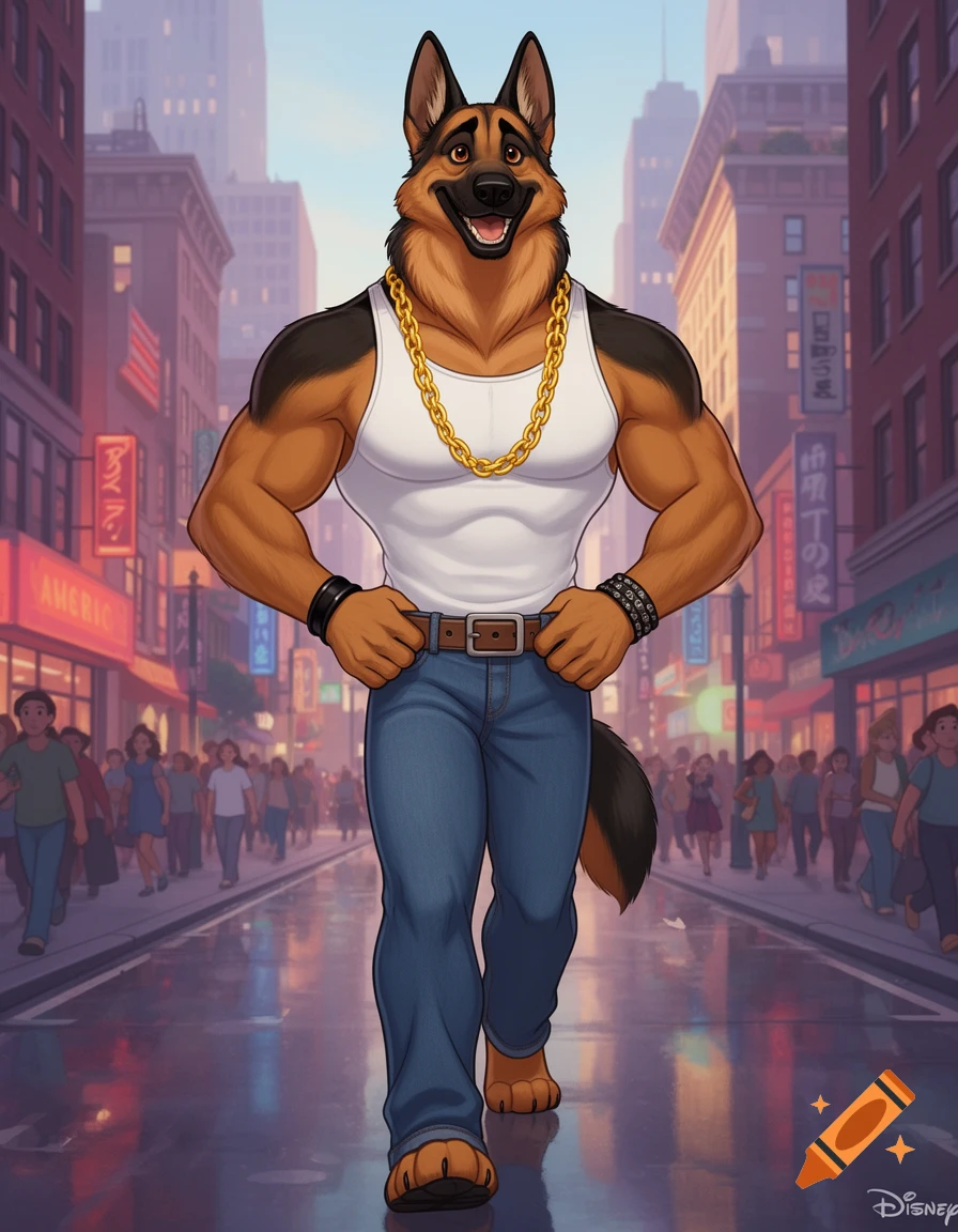 Muscular anthropomorphic German Shepherd in a white tank top and blue jeans, wearing a gold chain, walking on a city street.
