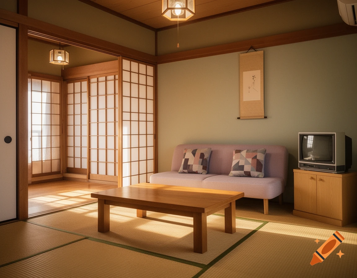 A traditional Japanese living room with tatami mats, shoji screens, a light purple sofa, a wooden coffee table, and an old TV.