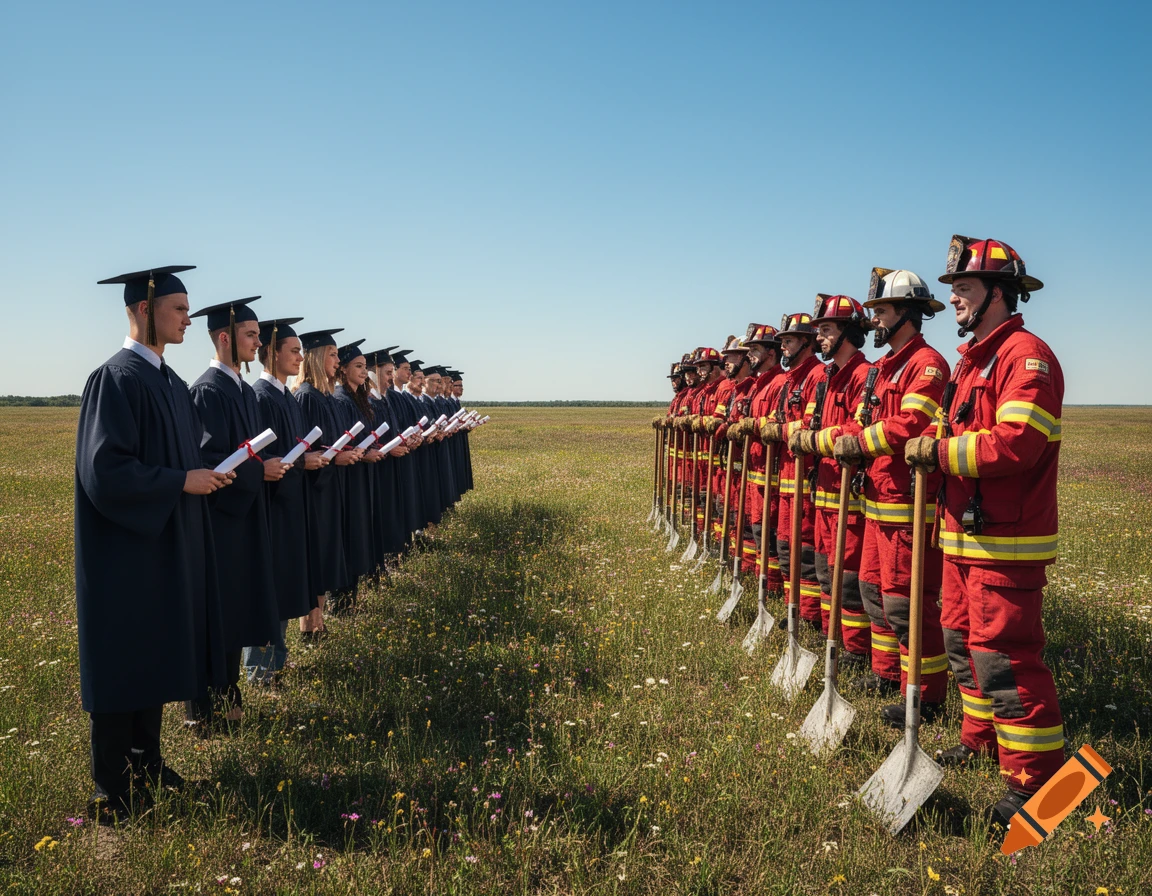 Two lines of people, graduates in gowns with diplomas and firefighters with shovels, face each other in a grassy field under a clear sky.