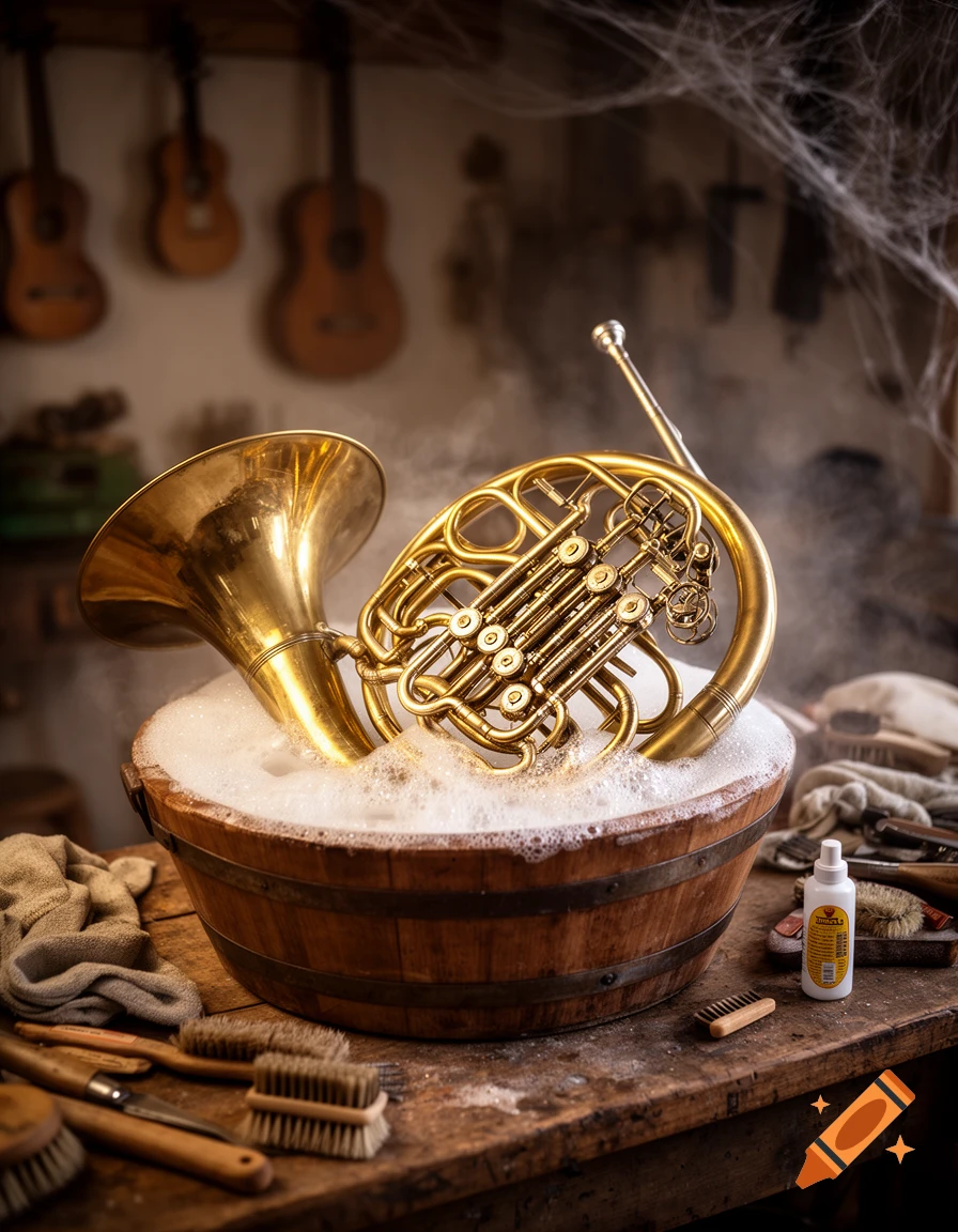 A brass French horn soaking in a bubbly wooden tub, surrounded by brushes and cleaning supplies on a dusty workbench in an old workshop.