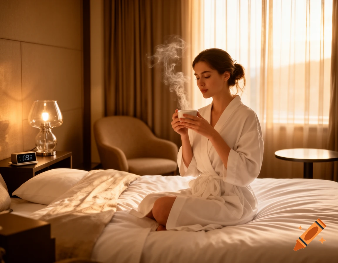 A young woman in a white bathrobe sits on a hotel bed, holding a steaming cup. Photorealistic.