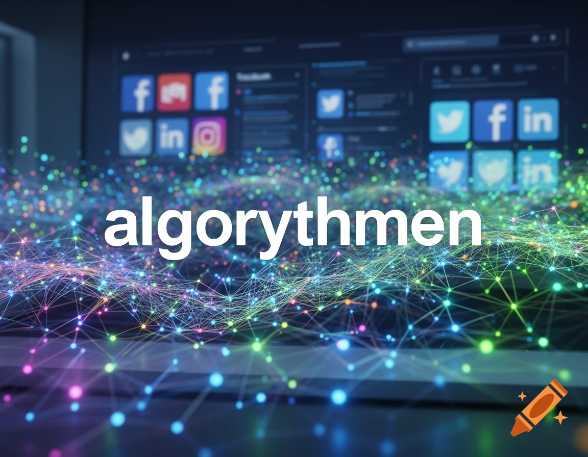 White text 'algorythmen' over a glowing network of colorful lights and blurred social media application icons.