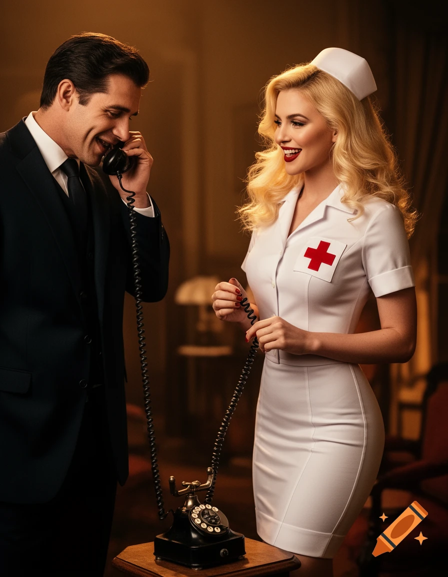 A man in a suit talks on a vintage phone, smiling at a blonde woman in a white nurse uniform who holds the phone cord.