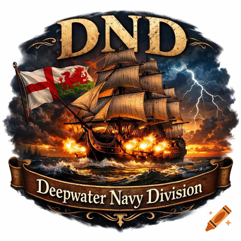 Logo with a sailing ship firing cannons on a stormy sea, lightning, England & Wales flag. Text: "DND Deepwater Navy Division".