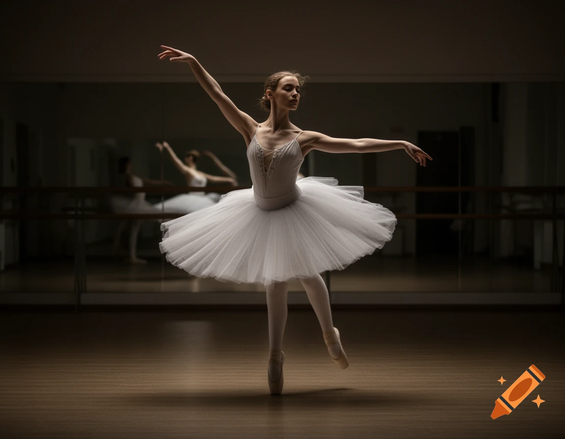 A lone ballerina in a white tutu balances on pointe, arms gracefully extended in a dark ballet studio with mirrors.
