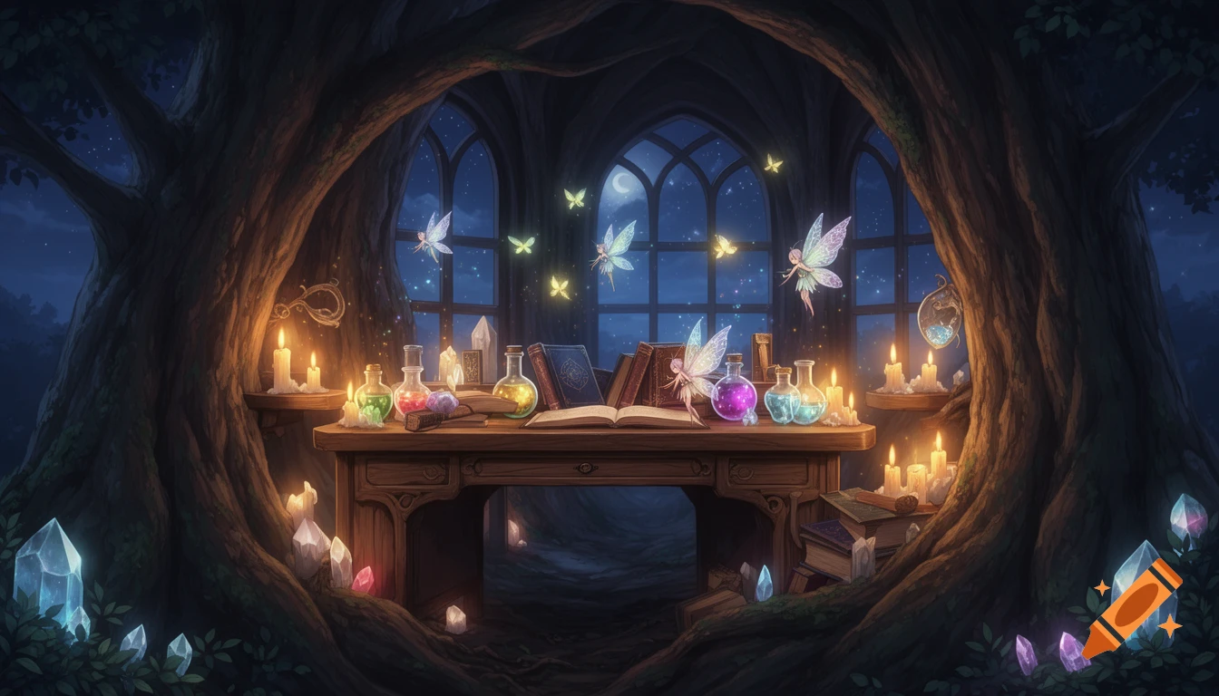 Anime-style fantasy fairy study inside a giant tree at night, with glowing crystals, candles, books, potions, and flying fairies.