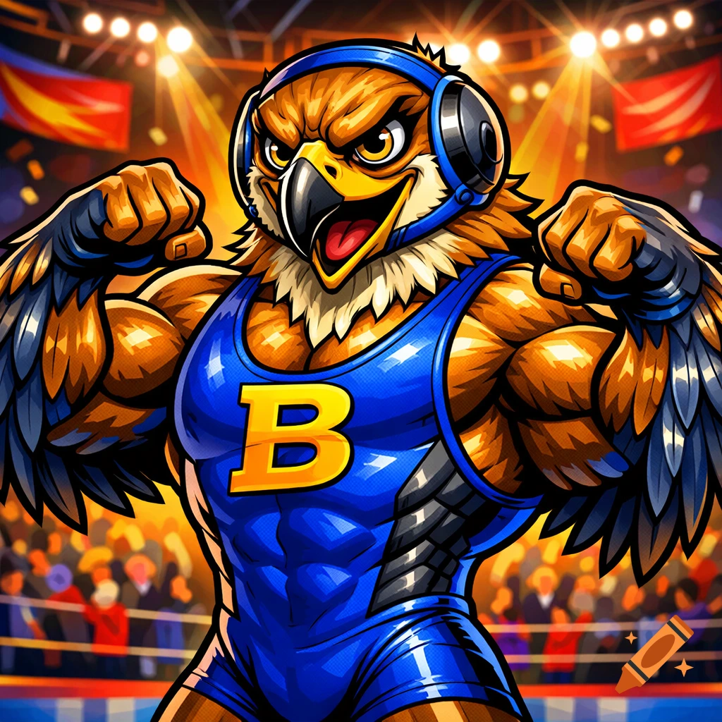 A muscular cartoon hawk wrestler in a blue singlet with a yellow 'B' flexing in a brightly lit arena.
