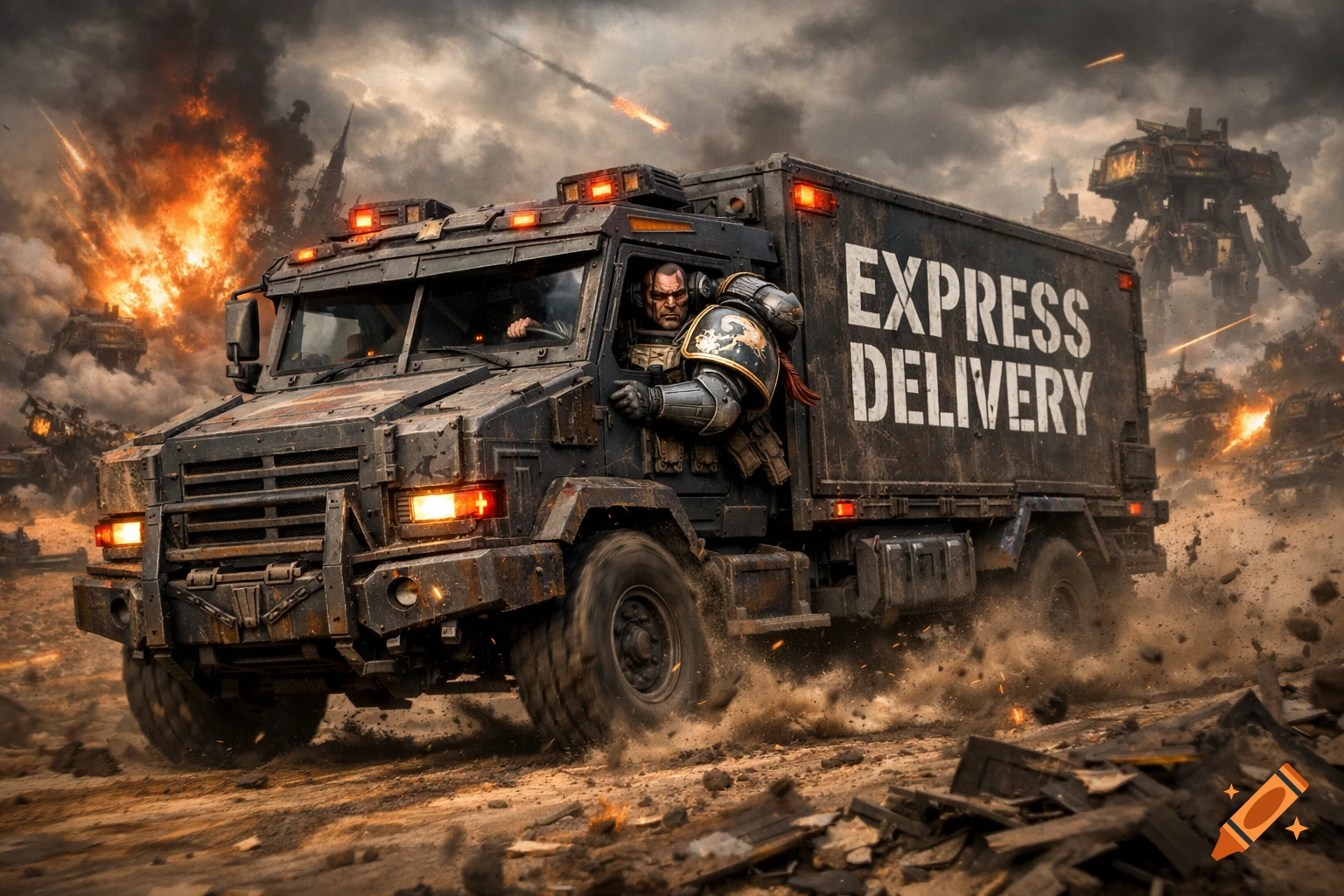 A Warhammer character drives a military delivery truck with "EXPRESS DELIVERY" written on its side through a war zone.