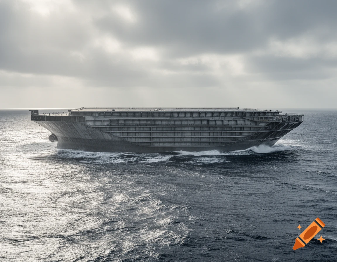 A large, flat, grey metal ship with a layered structure sails on a choppy ocean under a cloudy sky.